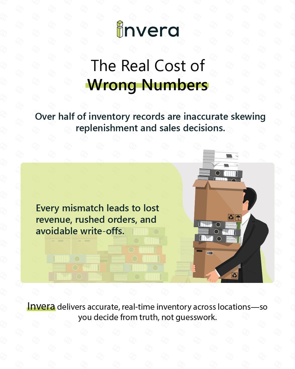 inverasolutions's tweet photo. Over 50% of replenishment records are inaccurate?
Every wrong number = lost revenue + avoidable write-offs.
Invera delivers accurate, real-time inventory across locations.
https://t.co/Otg3nzP45k
#blockchain #inventory #supplychain #invera https://t.co/3FHWwc8YMr