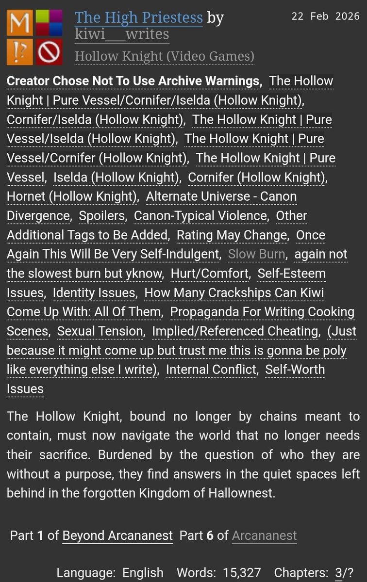 kiwi___dick's tweet photo. https://t.co/mYMEqC9FRj [ Hollow Knight ] [ Mature ] [ THK / Cornifer / Iselda ] The Hollow Knight, bound no longer by chains meant to contain, must now navigate the world that no longer needs their sacrifice, burdened by the question of who they are without a purpose. [ 3/? ] https://t.co/msPIijO1kg