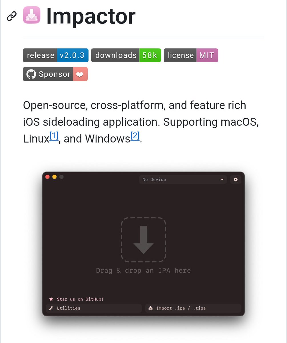 Impactor v2.0.3 just made iOS sideloading 10x more powerful. 🚀

Cross-platform. Open-source. Feature packed.

Here’s what it can do:

• Sign &amp; sideload apps on iOS 9.0+ with your Apple ID
• Full Linux support (yes, finally)
• Install SideStore &amp; LiveContainer properly
•