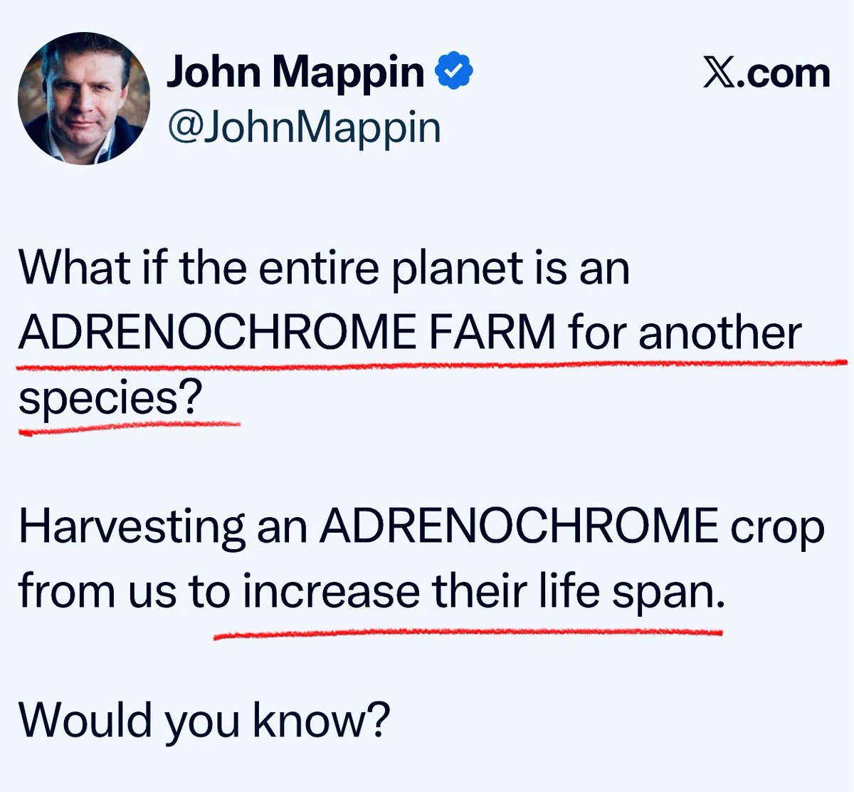 NAILED IT. 

Now you understand the secrecy behind past civilizations, manipulated history, fallen angels, satanic rituals, rape, torture, cannibalism, monetary ownership, censorship, assassinations, false flags, control of governments, fluoridated water, VACCINES, and everything