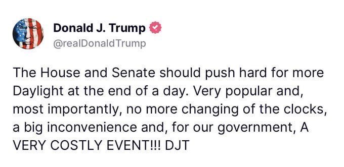 defense_civil25's tweet photo. 🚨🚨🚨Alert: Reports that President Trump is preparing an Executive Order to make Daylights Savings Time permanent, ending the requirement to change our clocks twice a year! Changing clocks caused body stress and the death of countless older Americans!!🔥🔥🔥
@realDonaldTrump 
@elonmusk 
@VP