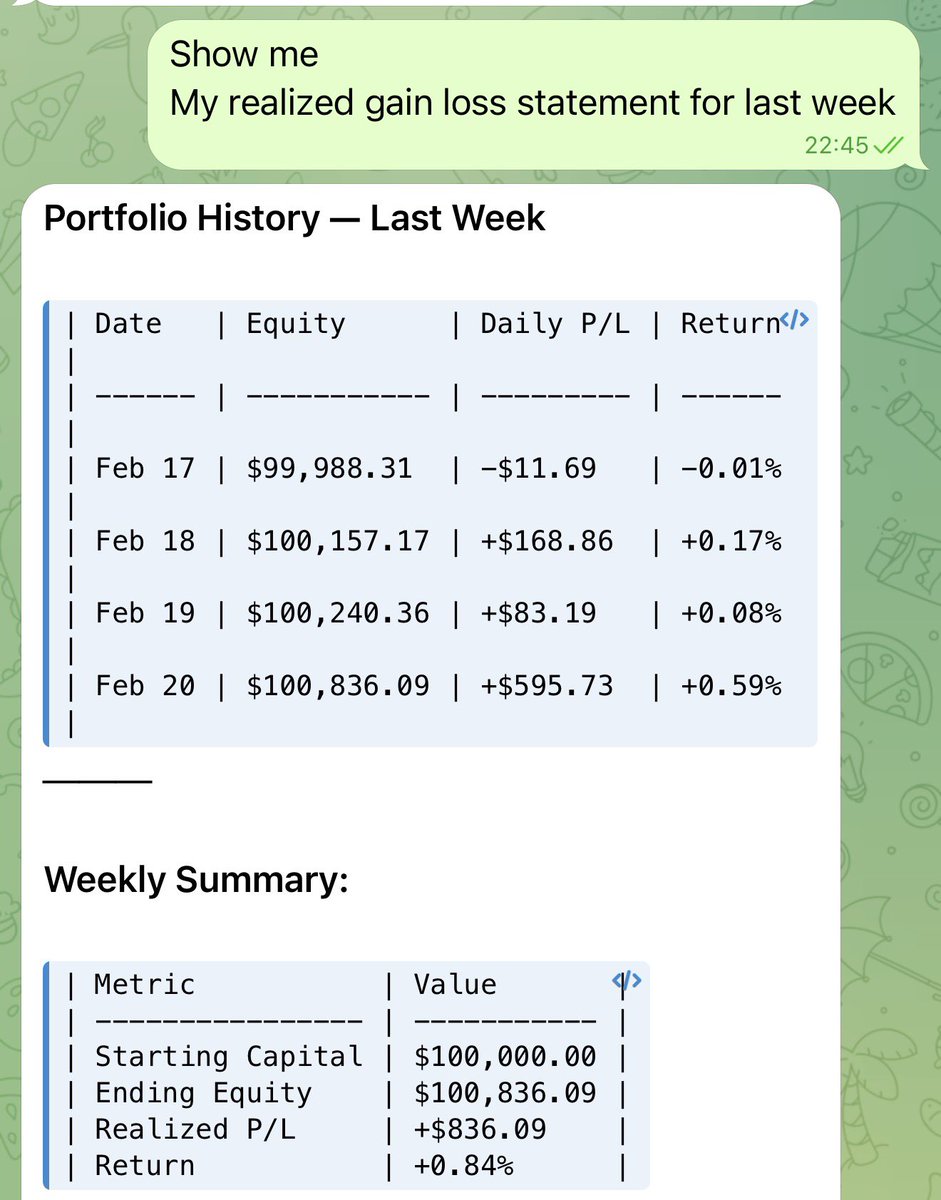Th3taBurn's tweet photo. @MoonDevOnYT Paper trading with my openclaw for four days last week dialing in the system. Will fine tune for another 2-3 weeks. Then I’ll let it loose. https://t.co/FB5wcJydi7