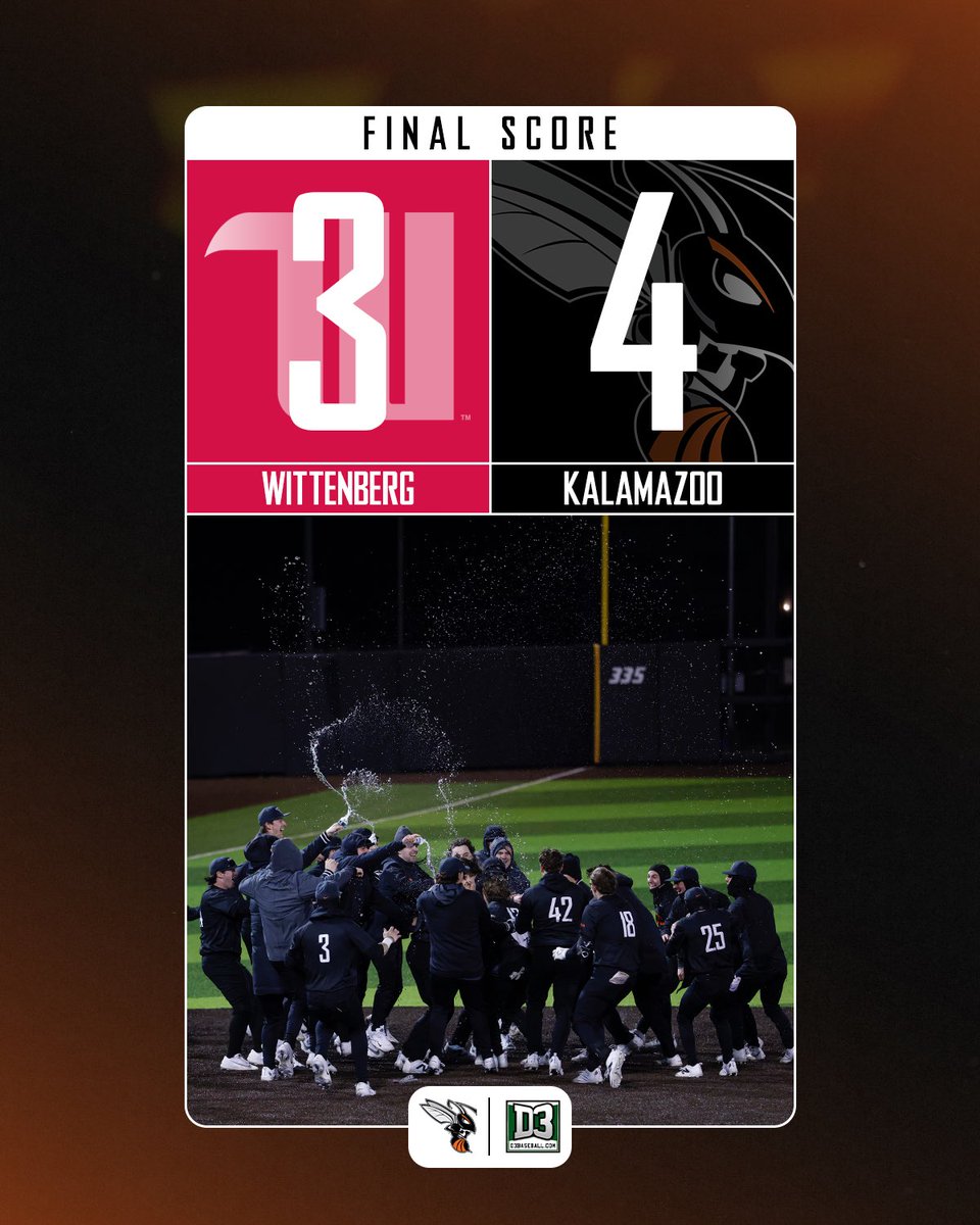 Extra-inning thriller. Kalamazoo knocks off Wittenberg with a walk-off single in the tenth by Caleb Moore. The Hornets defeated the Tigers 4-3 to wrap up the weekend. 🐝⚾️

#d3baseball