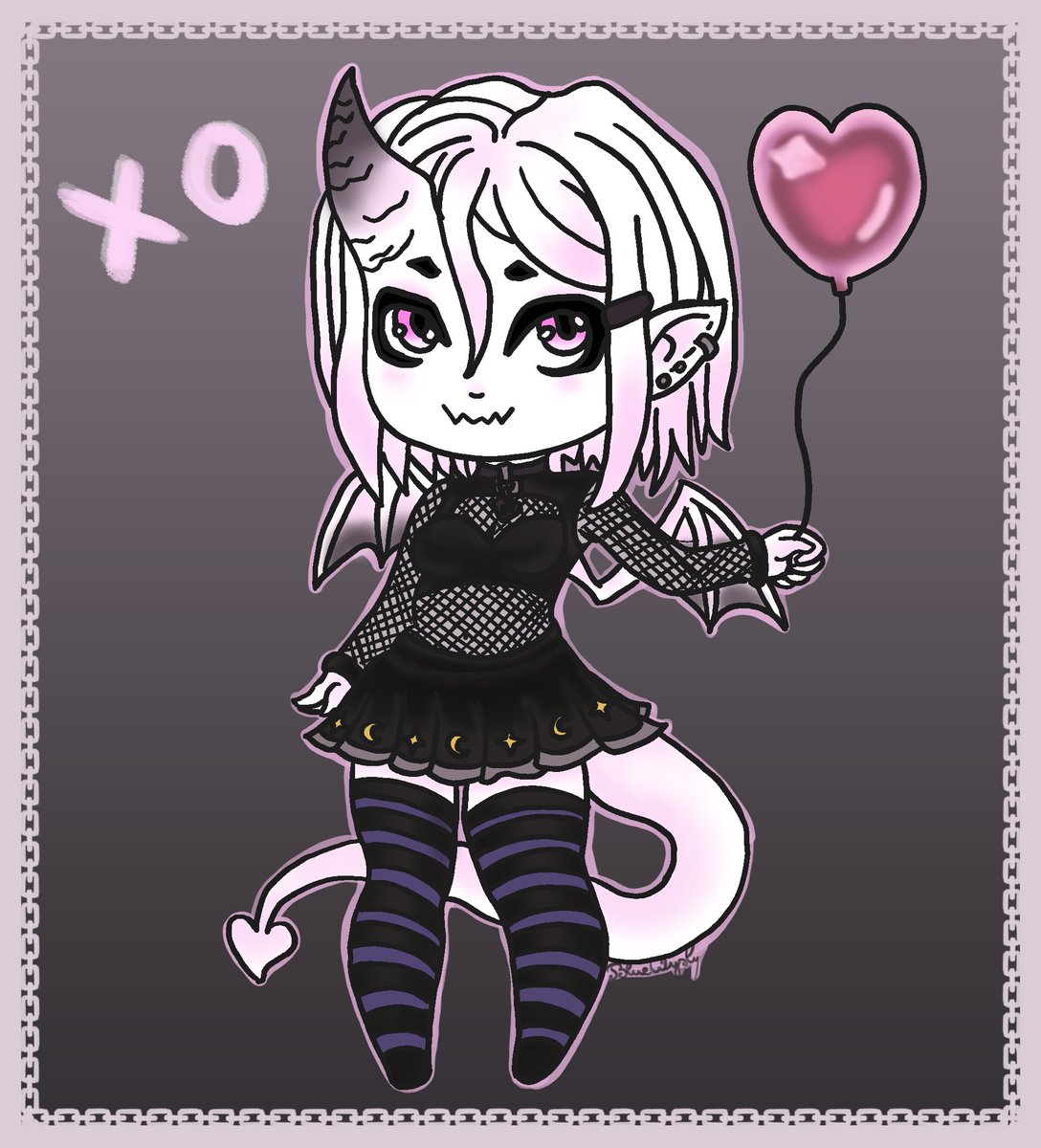 BlueWyst's tweet photo. Here's a chibi version of XO, she's a super cute devil girl. 
💜🖤💙
She is @greyishwight 's OC.

I drew her as a Valentine's Day present! ^^

#chibiart #gothic_girl #ArtistOnTwitter #characterart https://t.co/NxYm6GkJuC