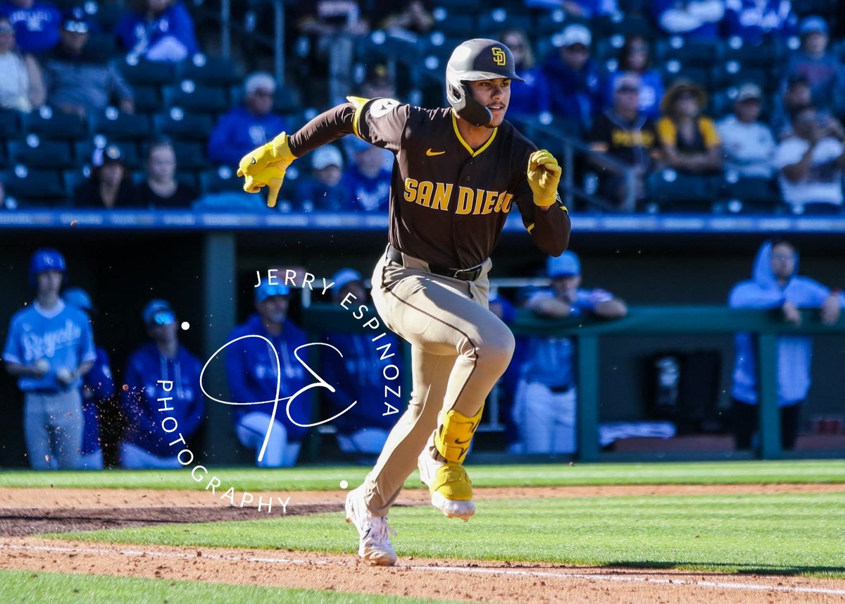 San Diego Padres Ethan Salas beats one out for a base hit 2/21/26 vs the Kansas City Royals in spring training.