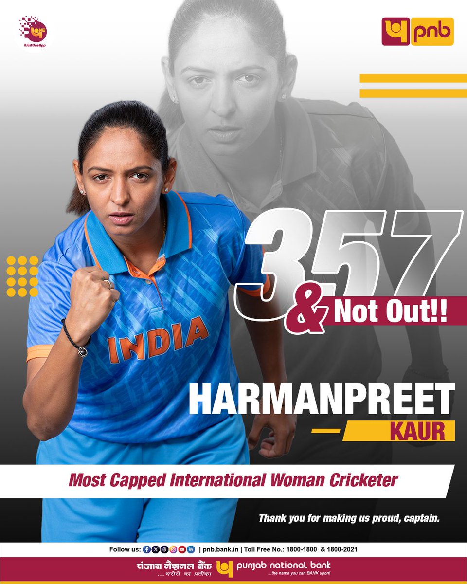 pnbindia's tweet photo. Congratulations to Harmanpreet Kaur on achieving this incredible milestone!

#PNB #HarmanpreetKaur #PNBXHarman #WomenInCricket #IndianCricket #CricketMilestone https://t.co/O6bNJzRKra