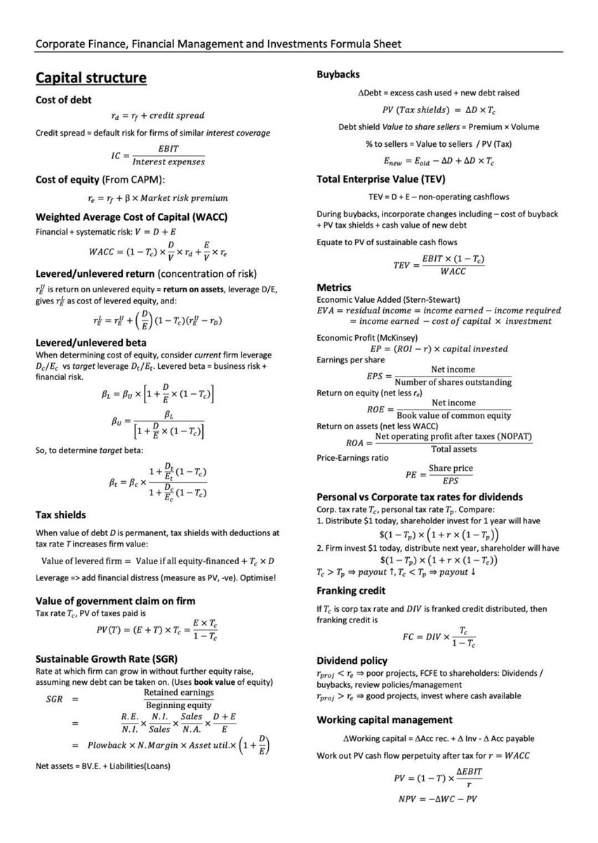 CompoundingW's tweet photo. Corporate Finance Formula Cheat Sheet https://t.co/qQdNVrFD6D