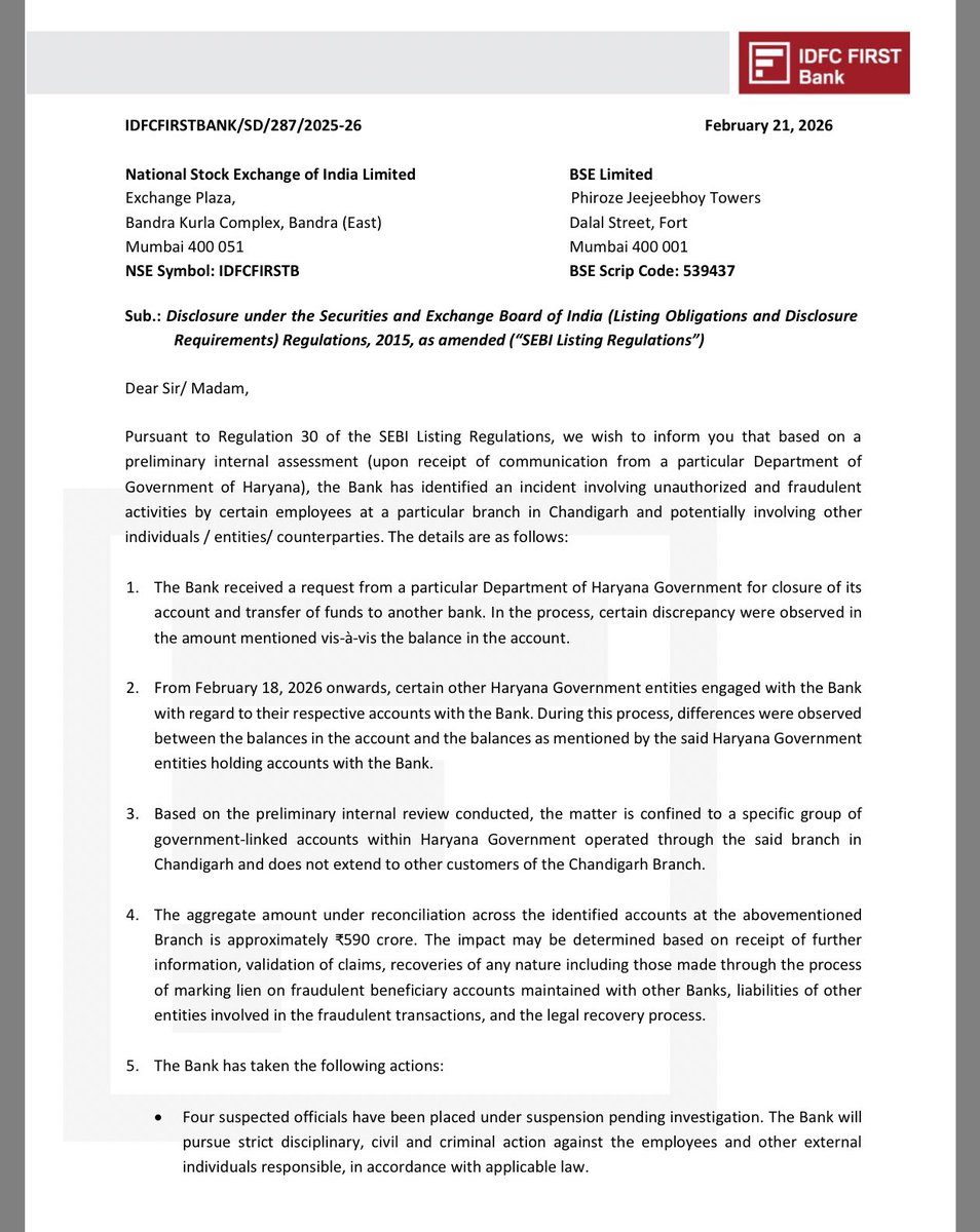 🚨 Breaking News:

IDFC FIRST Bank has reported a ₹590 crore fraud involving Haryana government–linked accounts at its Chandigarh branch.