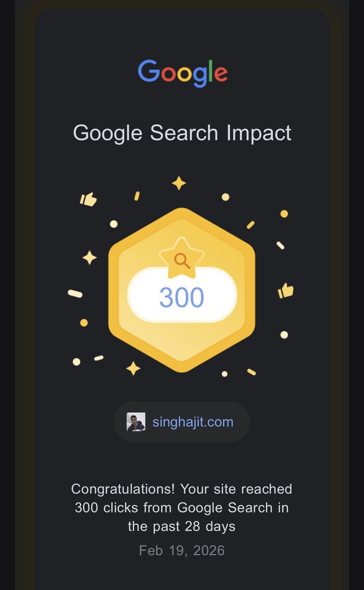 Ajit5ingh's tweet photo. Reached 300 clicks in 28 days on Google Search π
https://t.co/rziqeugDWG achieved another milestone π
The secret: Just showing up consistently.
on to the next one!
#BuildingInPublic #GoogleSearchImpact #SEO #TechBlog https://t.co/3YwvKpDKxb
