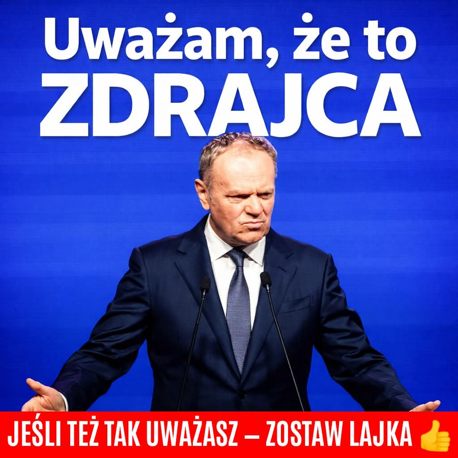 Czy uważacie że Tusk to zdrajca i czy za swoje czyny powinien być sądzony po odebraniu mu władzy razem z całym rządem K13G, jeśli też tak uważasz daj lajka skomentuj i podaj dalej.
Grafika pożyczona od <a href="/ELLAPolka13/">Elcia 🇵🇱❤️</a> 
Czas im powiedzieć co ich czeka za ich wrogie działania🤬🤬
