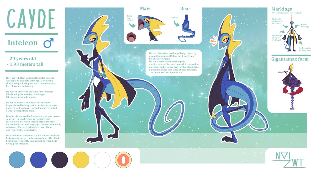 Nal_WingsTracks's tweet image. Brand new updated reference sheet for my Inteleon OC, Cayde!