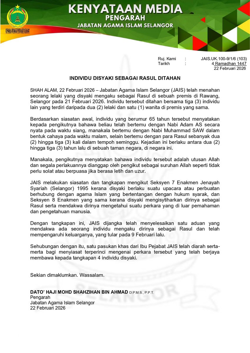 bernamadotcom's tweet image. JAIS tahan lelaki dakwa diri sebagai rasul 

bernama.com/bm/am/news.php…

#BernamaNews #rasul