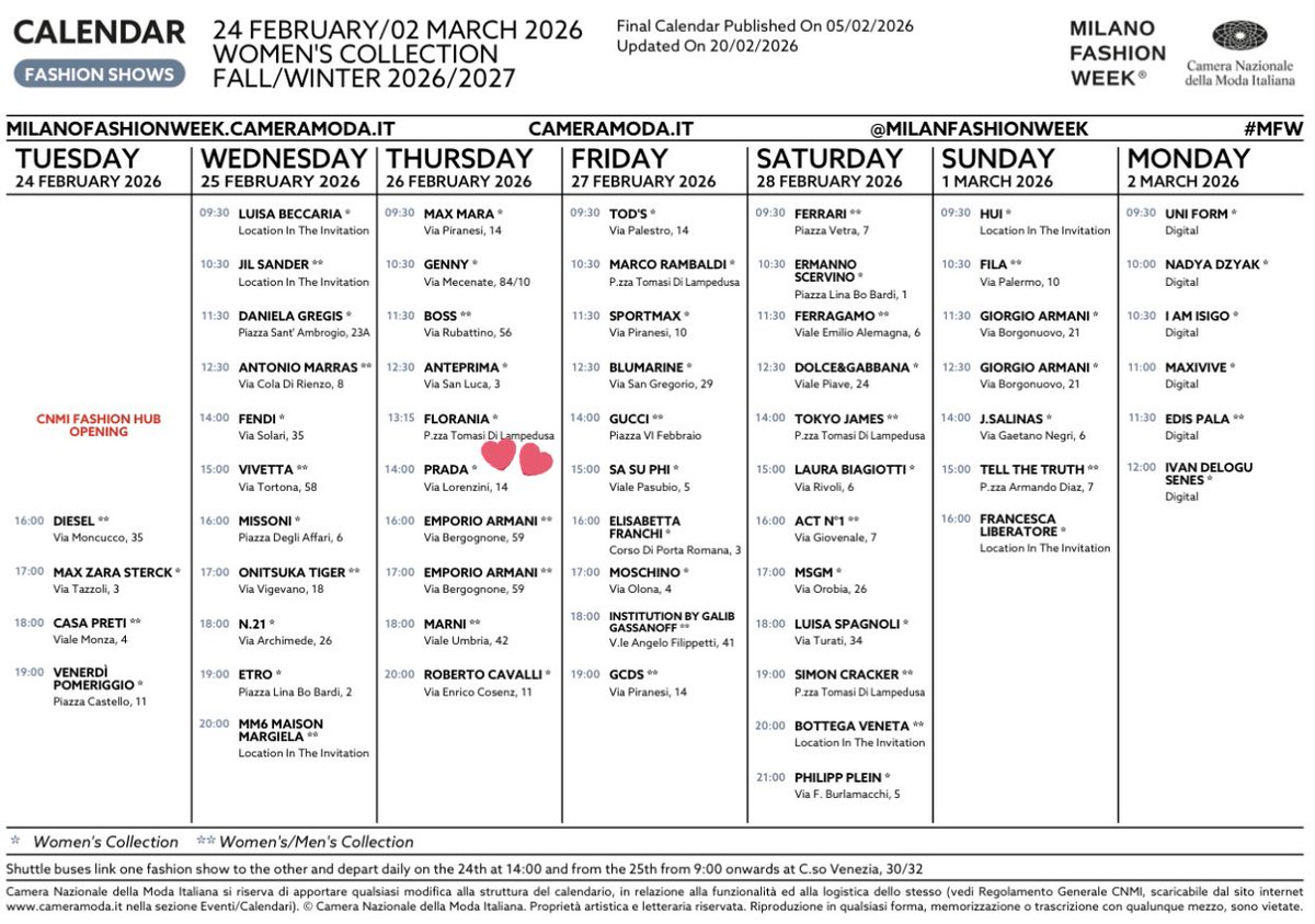 🇮🇹 Milan Women's Fall Winter 26/27
🗓️ 24 February - 02 March 2026
🤎 ฟชวรอบนี้มีระยะเวลาเก็บยอด7วัน โชว์ปราด้า26 แต่เล่น # PdFw ได้ตั้งแต่ที่ค่ายลง airport look ของพี่ปอนด์มาให้

(ห้ามเล่นแท็กFwก่อนทุกกรณีนะคะ 🙇🏻‍♀️)