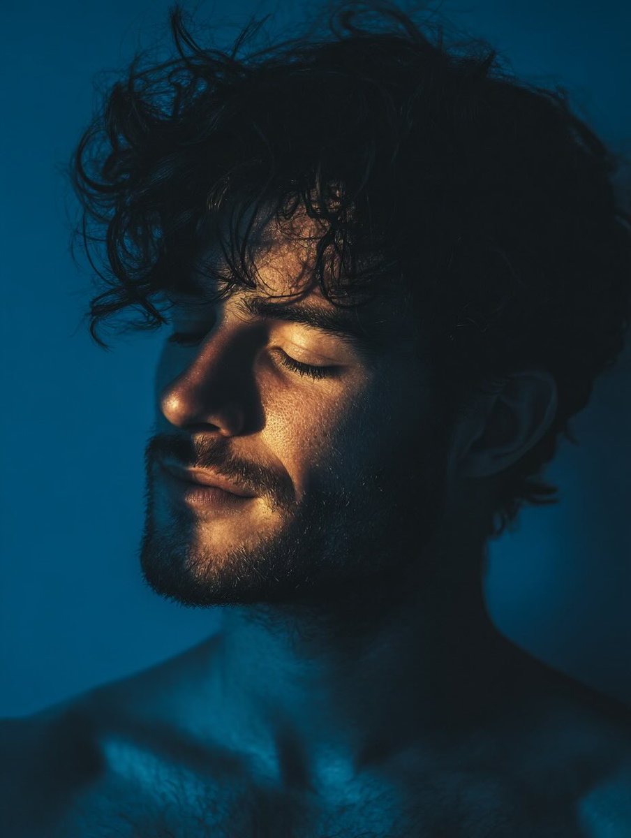 im_shahid7's tweet photo. Just refreshment 
Prompt:

cinematic blue hour portrait, close-up side profile of a young man with curly hair, eyes closed, calm introspective expression, cool deep blue lighting dominating the scene, subtle warm key light grazing the face, visible freckles and natural skin texture, soft specular highlights, minimal clean blue background, shallow depth of field, gentle falloff, realistic photography