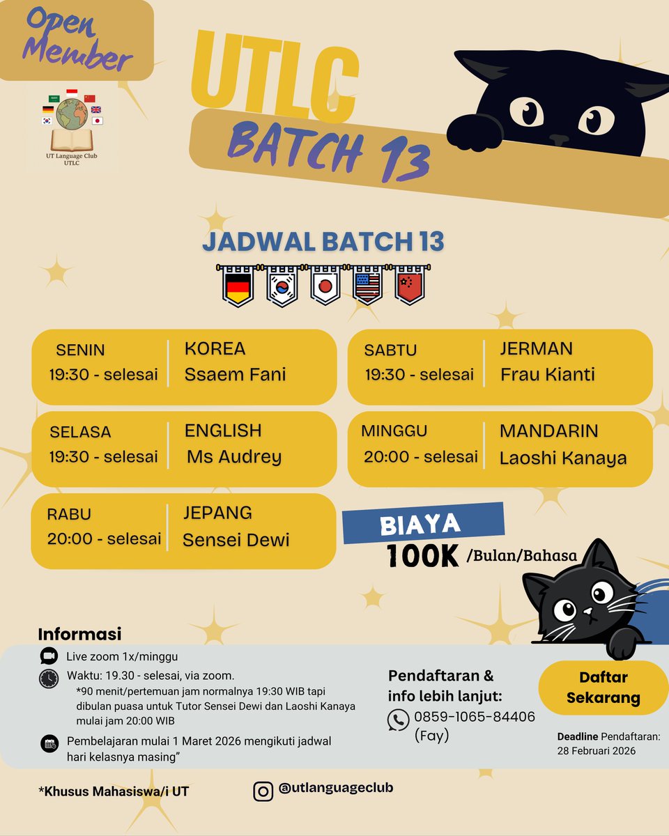 Halo Sobat UT! 🇮🇩🇯🇵🇨🇳🇰🇷🇬🇧🇩🇪
Siapa bilang belajar bahasa asing harus mahal dan ribet? 
KHUSUS MAHASISWA UT!!!
UT Language Club (UTLC) kembali hadir di BATCH 13! 🚀

Kenapa UTLC Jadi Pilihan Terbaik Mahasiswa UT buat belajar bahasa asing?