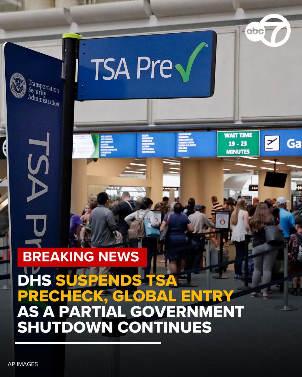 abc7newsbayarea's tweet image. The U.S. Department of Homeland Security is suspending the TSA PreCheck and Global Entry airport security programs as a partial government shutdown continues.

The programs are designed to help speed registered travelers through security lines. Suspending them could cause