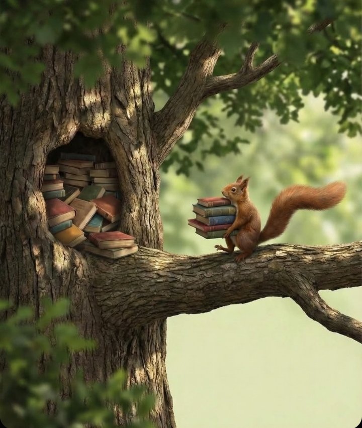 फांदीवर खारुताईच्या हातात साठवलेलं अक्षरांचा सुवासिक साठा.. झाडाच्या खप्यात जपलेलं ज्ञान जणू निसर्गाचं गुपित वाटा..
पानांतून झिरपतं वाचनाचं उजळलेलं सोनं, शब्दांच्या सहवासात छोटंसं मन होतं आकाशाइतकं मोठं. 📚🌿🐿️
#Sundayplan