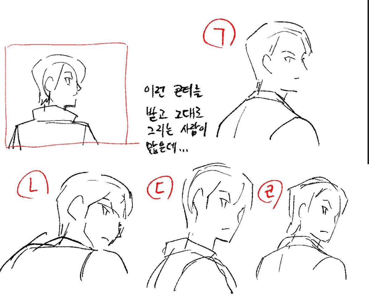 애니메이터가 의외로 왼쪽의 
콘티를 받으면 실수하는 고개돌리기
콘티처럼 양쪽의 어깨가 같이 나올 수 없기 때문에...

정답은 없지만 가장 콘티를 제대로 읽은 액션은 ㄱ이고,
등 부분을 최대한 강조하면 ㄹ이 되고
고개를 돌린다는 행동 자체에 의의를 둔다면 ㄷ이 된다.
