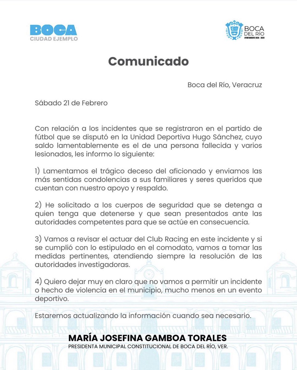 ⚠️ TRAGEDIA EN BOCA DEL RIO ⚠️
Una riña entre los aficionados del Celaya y el Racing de Veracruz, de la Liga Premier (tercera máxima división del futbol en México) deja el saldo de un fallecido y multiples heridos. El gobierno local ya se pronunció. 👇