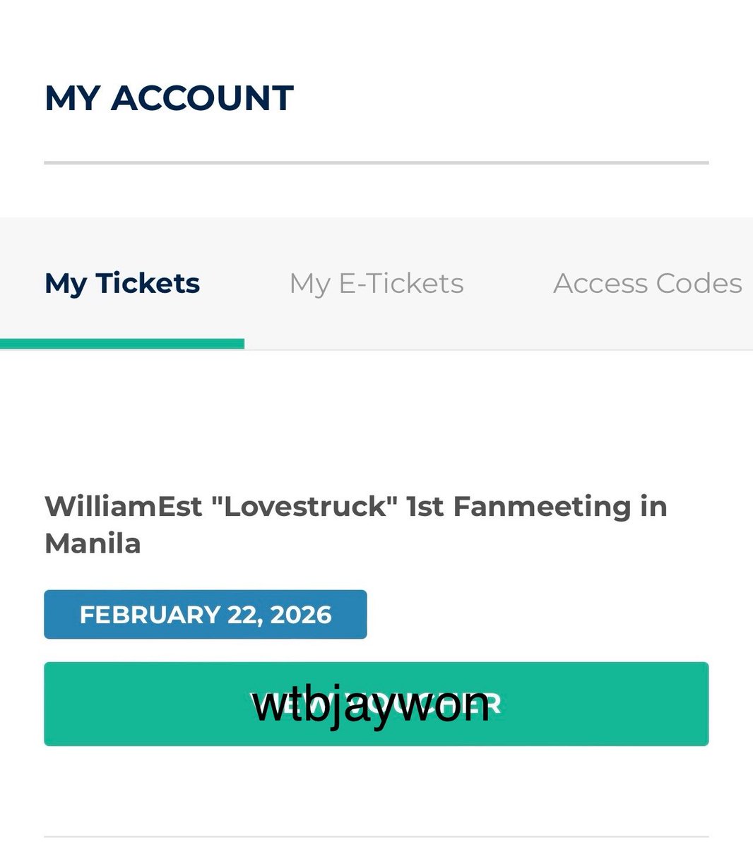 wtbjaywon's tweet photo. Thank you for securing my mvp ticket @NicoGee101 super helpful and bilis ng update after securing. 🙏🏻  

#WilliamEstLovestruckInManila #WilliamEst https://t.co/TyqUjkjVbp