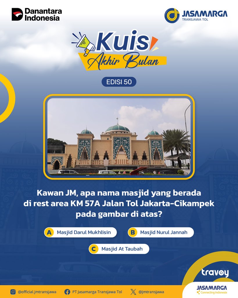 Kawan JM, biar puasanya makin semangat. Yuk Ikutan Kuis Akhir Bulan!

Ikutan Nya gampang banget, loh:
1. Follow dan subscribe seluruh akun media sosial Jasamarga Transjawa Tol
2. Like dan share postingan ini sebanyak-banyaknya