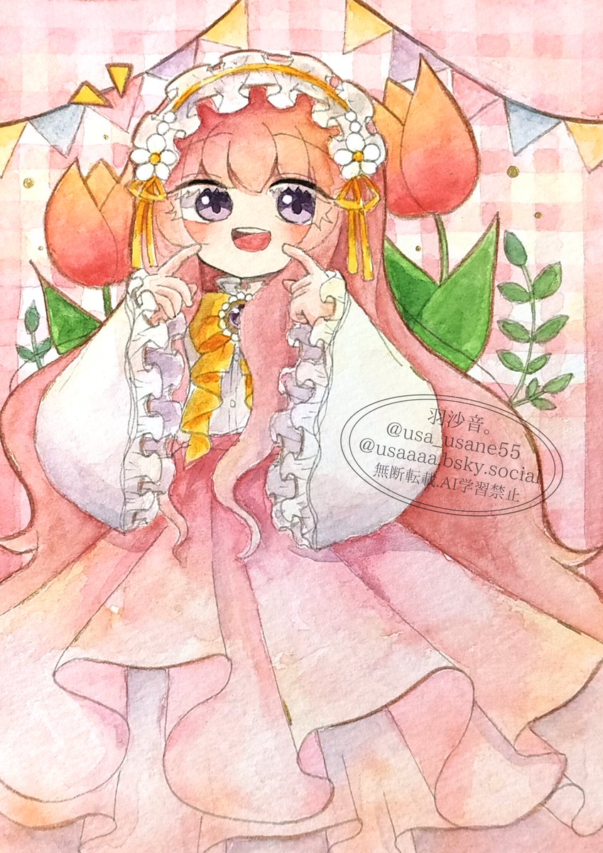 「花咲くように」
チューリップモチーフのリップルちゃん🌷✨️少しだけ服変えてます✌️
#Flower_Flower4
#透明水彩
#イラスト