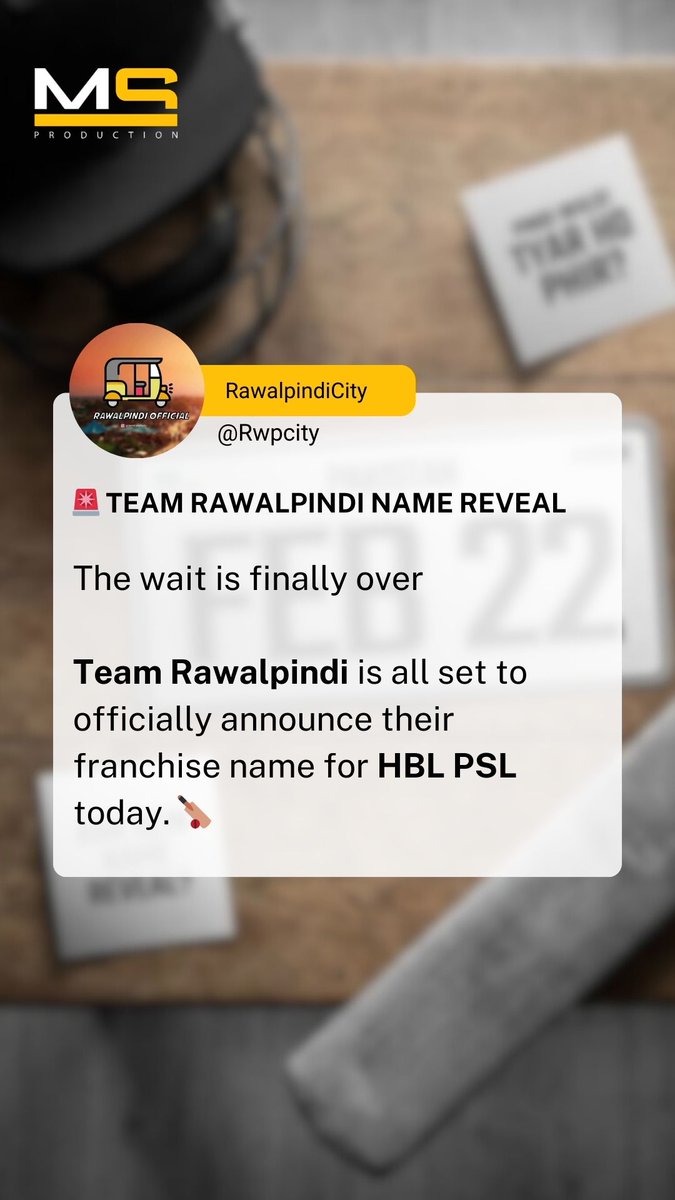 Rwpcity's tweet image. ٹیم راولپنڈی آج باضابطہ طور پر ایچ بی ایل پی ایس ایل کے لیے اپنی فرنچائز کا نام اعلان کرنے جا رہی ہے۔
.
.
.
#rawalpindicity #rawalpindi #pindi