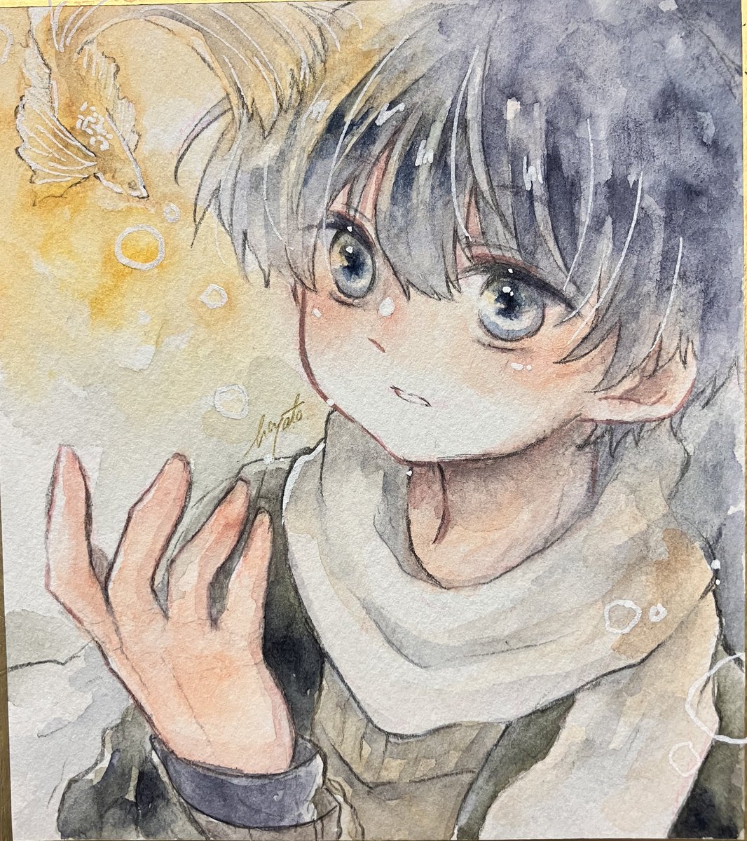 観察者くんと夜遊魚 久しぶりのミニ色紙です、増やしてます〜！