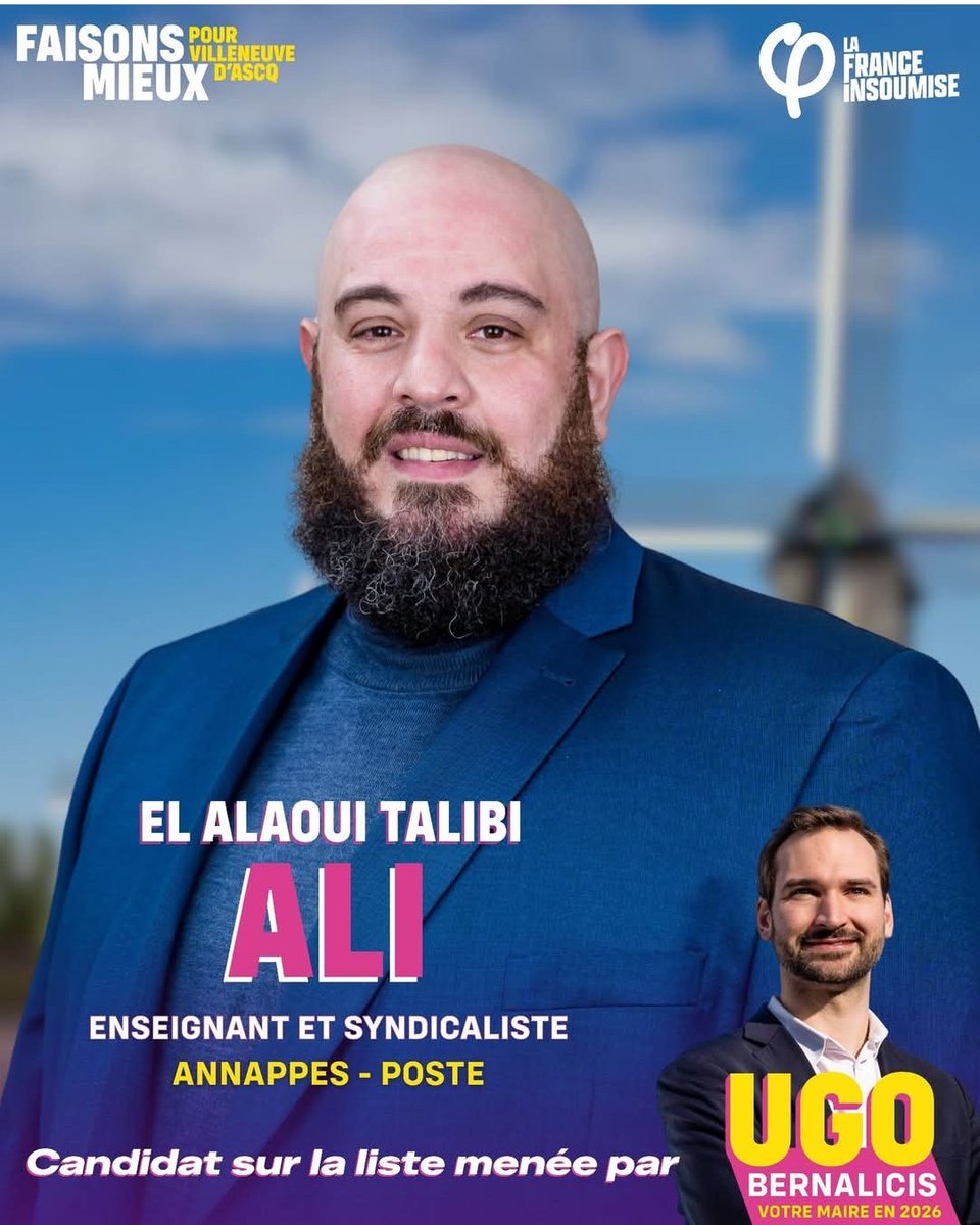 gauchecaca's tweet photo. Dans la série LFI aux municipales, allons faire un tour à Villeneuve-d'Asq où la liste est menée par Ugo Bernalicis.
Une affiche met en avant un colistier qui est enseignant et syndicaliste; on le sait parce que c'est comme le Port-Salut, c'est écrit dessus.
Le type est également barbu et là, inutile de le spécifier, ça se voit; un bien bel attribut pileux  pouvant rappeler les pionniers de la légion ou les Hells Angels. Tout ceux qu'une aussi jolie barbe ferait penser à autre chose sont forcément des fascistes d'extrême droite.
D'ailleurs, si la tonsure ne fait pas le moine, la barbe ne fait pas l'islamiste non plus. En outre, rien n'indique quelle est la religion du candidat et ce dernier pourrait très bien être un pope orthodoxe.
On en conclura donc que ce candidat est mis en avant car en étant prof et syndicaliste, il représente fort bien le peuple de France  et qu'on ne cherche en rien à draguer un certain électorat. 
C'est bien ça Ugo?