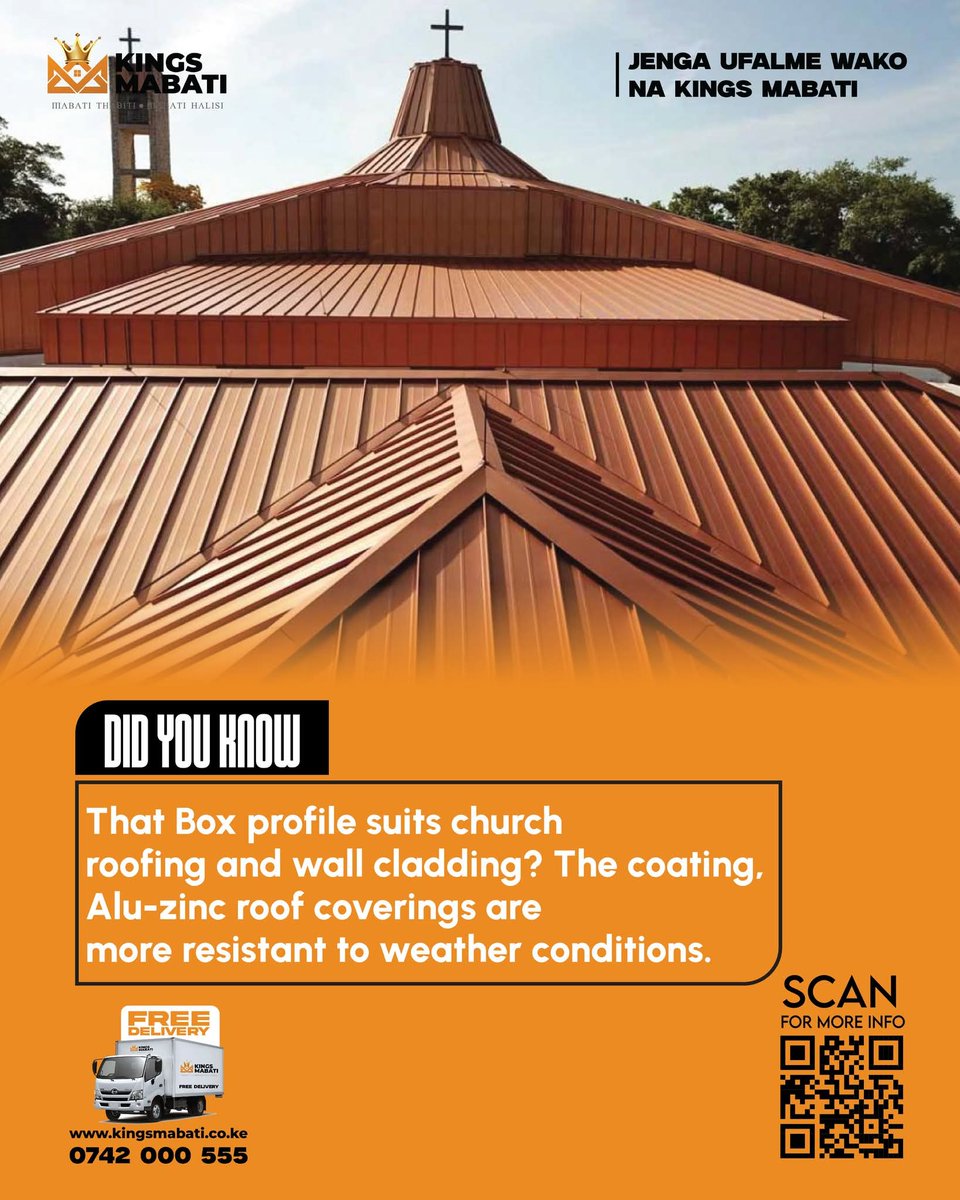 KingsMabati's tweet photo. Did You Know that Box profile suits church roofing and wall cladding? The coating,
Alu-zinc roof coverings are more resistant to weather conditions.
#mabatithabitimabatihalisi
#roofingsolutions
#boxprofile
#jengaleolipabaadaye 
#freedelivery 
#RISERCONCERTD2 
#sunday https://t.co/02bIeXVHnQ