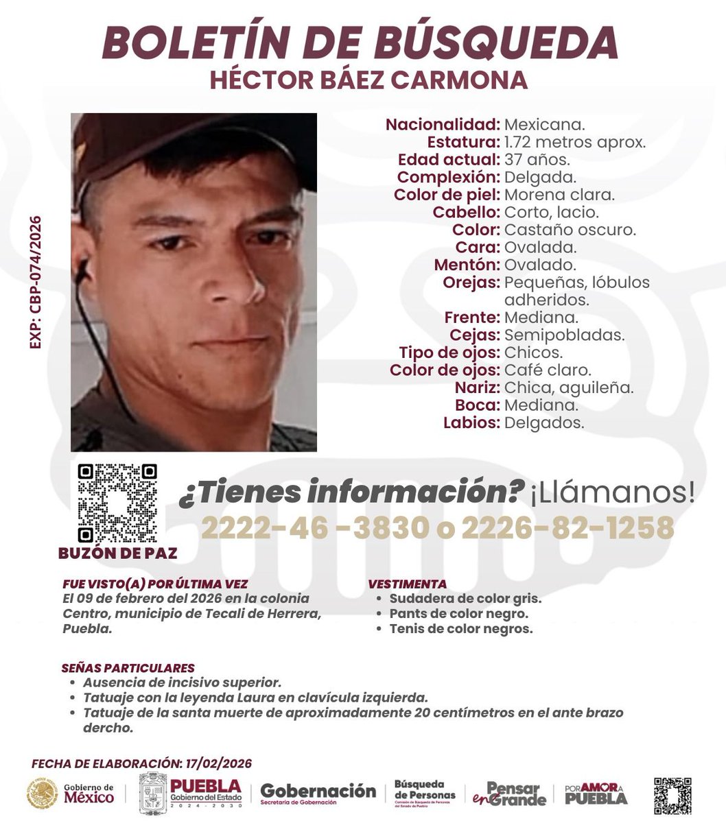 #Ayuda para localizar a Héctor Báez Carmona de 37 años, fue visto por última vez en #09deFebrero en #Puebla. #Comparte #ServicioSocial #LaVozDeLosPoblanos #SeBusca
