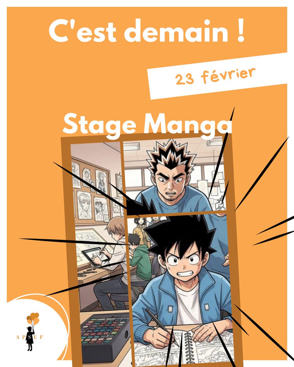[C'est demain 📅]
🎎 #StageManga de 5 jours les matins
L'opportunité idéale pour les #enfants et #adolescents de 10 à 15 ans (niveau collège) de découvrir ou d’approfondir leur passion pour le #manga ! #courbevoie #loisirscreatifs #otaku

👉️ apsef.fr/ateliers-enfan…