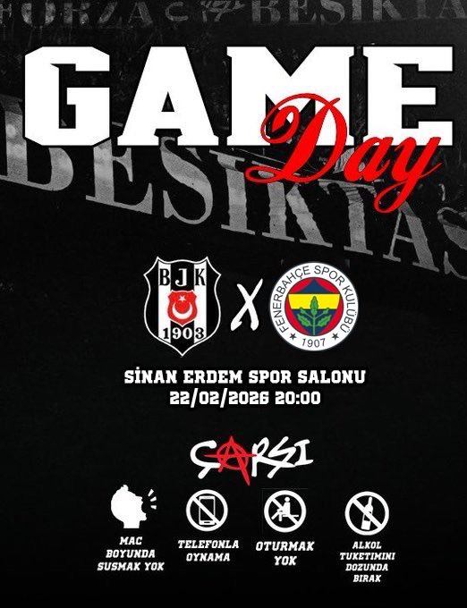 Beşiktaşımızın Fenerbahçe karşısında oynayacağı basketbol karşılaşmasında tribünler SİMSİYAH olacaktır. ️
Tribün bütünlüğümüzü göstermek ve Beşiktaş duruşunu en net şekilde ortaya koymak adına bu karar alınmıştır. Tek renk, tek yürek olacağız.

Sahada mücadele eden takımımıza,