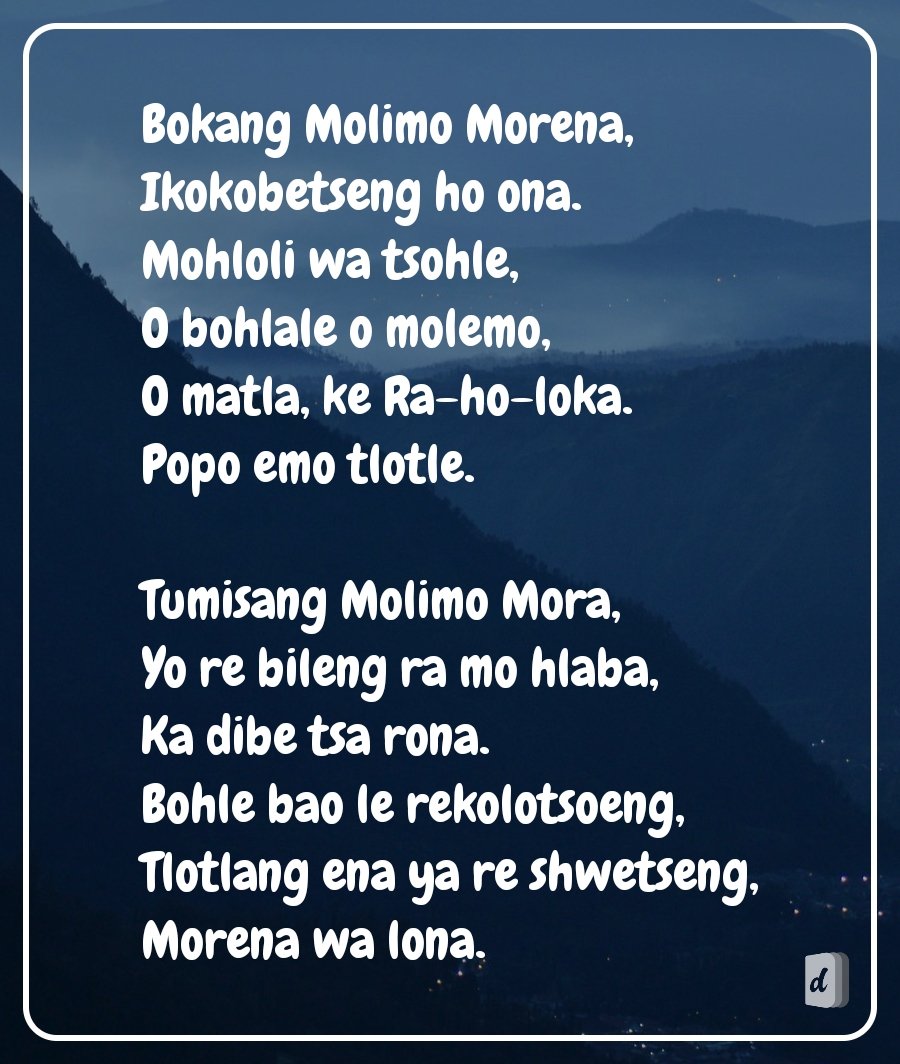 DifelaApp's tweet photo. Bokang Molimo Morena,
Ikokobetseng ho ona.
Mohloli wa tsohle,
O bohlale o molemo,
O matla, ke Ra-ho-loka.
Popo emo tlotle.

Tumisang Molimo Mora,
Yo re bileng ra mo hlaba,
Ka dibe tsa rona.
Bohle bao le rekolotsoeng,
Tlotlang ena ya re shwetseng,
Morena wa lona.
🙌🏽 🙌🏽 🙌🏽 https://t.co/9DAfQOjQRv