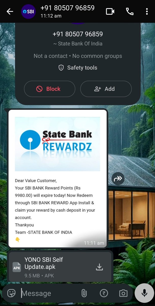 Muhsin_V's tweet photo. @TheOfficialSBI There's a new way of scamming people recently, targeting SBI users. They are sending fake SBI YONO APKs to every user to hack their phones. I have tried to report this to the central cybercrime unit at 1930, but received a cold response. Please be careful of this. https://t.co/pQal7zahn3