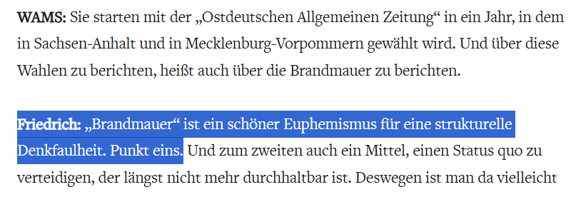 ... ich kan  subjektiv nicht viel mit Holger - aber: denken und formulieren kann ER ... Friedrich: "„Brandmauer“ ist ein schöner Euphemismus für eine strukturelle Denkfaulheit. Punkt eins." Q: <a href="/welt/">WELT</a>