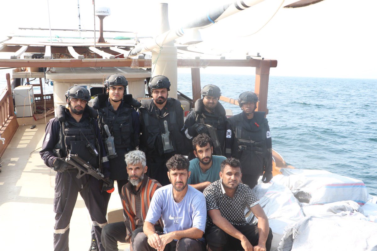 IndiaCoastGuard's tweet image. On 21 Feb 26, @IndiaCoastGuard ship intercepted a suspicious foreign boat inside the #Indian #EEZ, approximately 115 NM west of #Dwarka. The vessel, identified as Al Mukhtar, was manned by four #Iranian crew. On rummaging, 200 cartons containing about one lakh packets of foreign