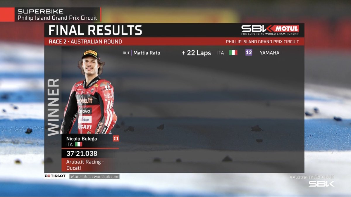Race final and full results🏁

🥇 <a href="/nbulega/">Nicolò Bulega</a>
🥈 <a href="/axelbassani/">Axel Bassani</a>
🥉 <a href="/19Bautista/">Alvaro Bautista Arce</a> 

#AustralianWorldSBK 🇦🇺