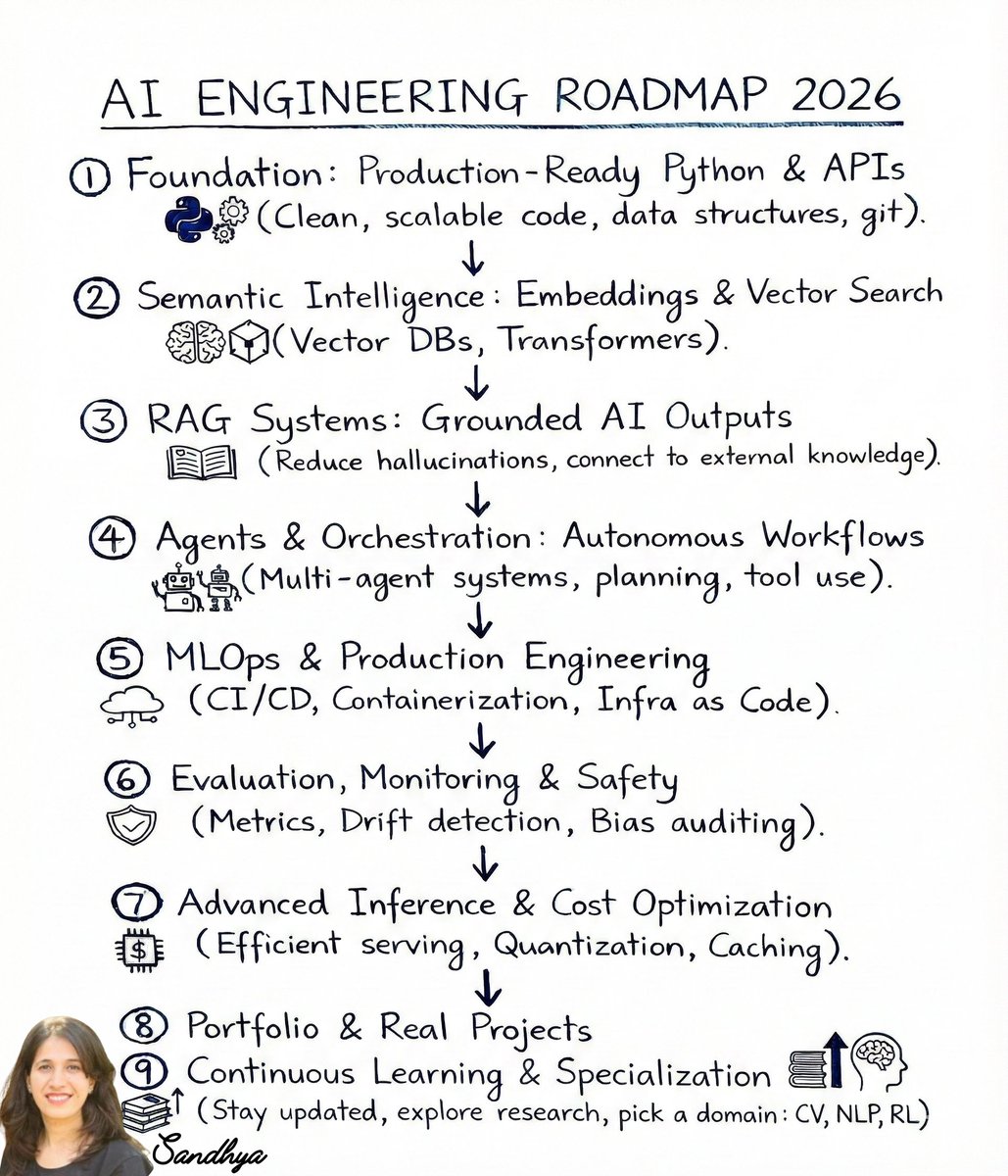 The right order for learning AI engineering in 2026.

What most people do:
→ Jump to agents
→ Skip foundations
→ Ignore MLOps
→ Wonder why nothing works

What this roadmap shows:

1. Foundation (Python, APIs, clean code)
2. Semantic intelligence (embeddings, vector DBs)
3.