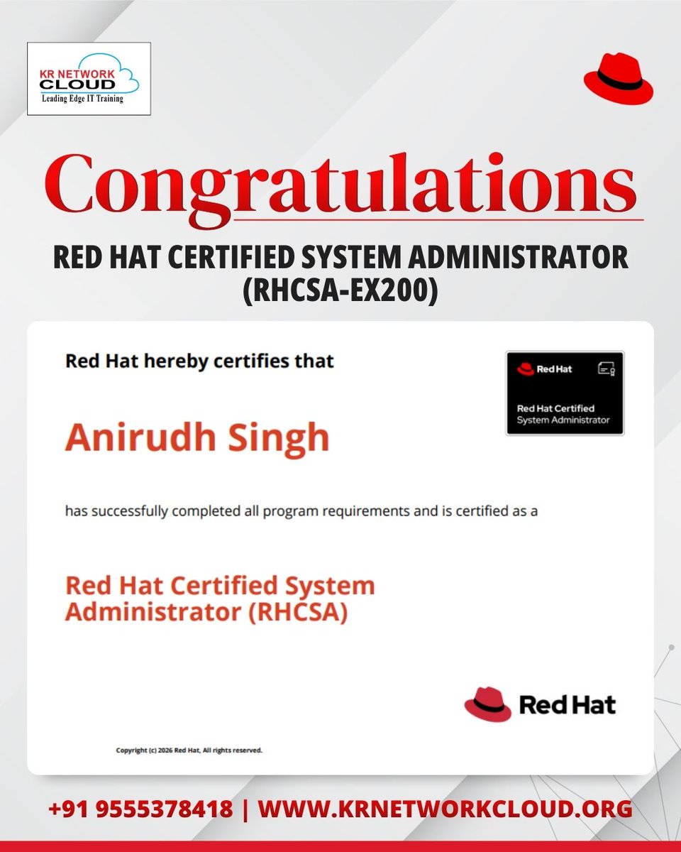 KRNetworkCloud1's tweet photo. Progress in IT is built on discipline and execution.
Congratulations to our learners.

For guidance on Red Hat Linux or AWS certifications, connect with us.
📞 +919555378418
🌐 https://t.co/ZwzDYY2JVX

#rhcsa #ex200 #awssaa #awscertified #redhat #awscloud #linuxadministrator https://t.co/EXiQpcbIk8