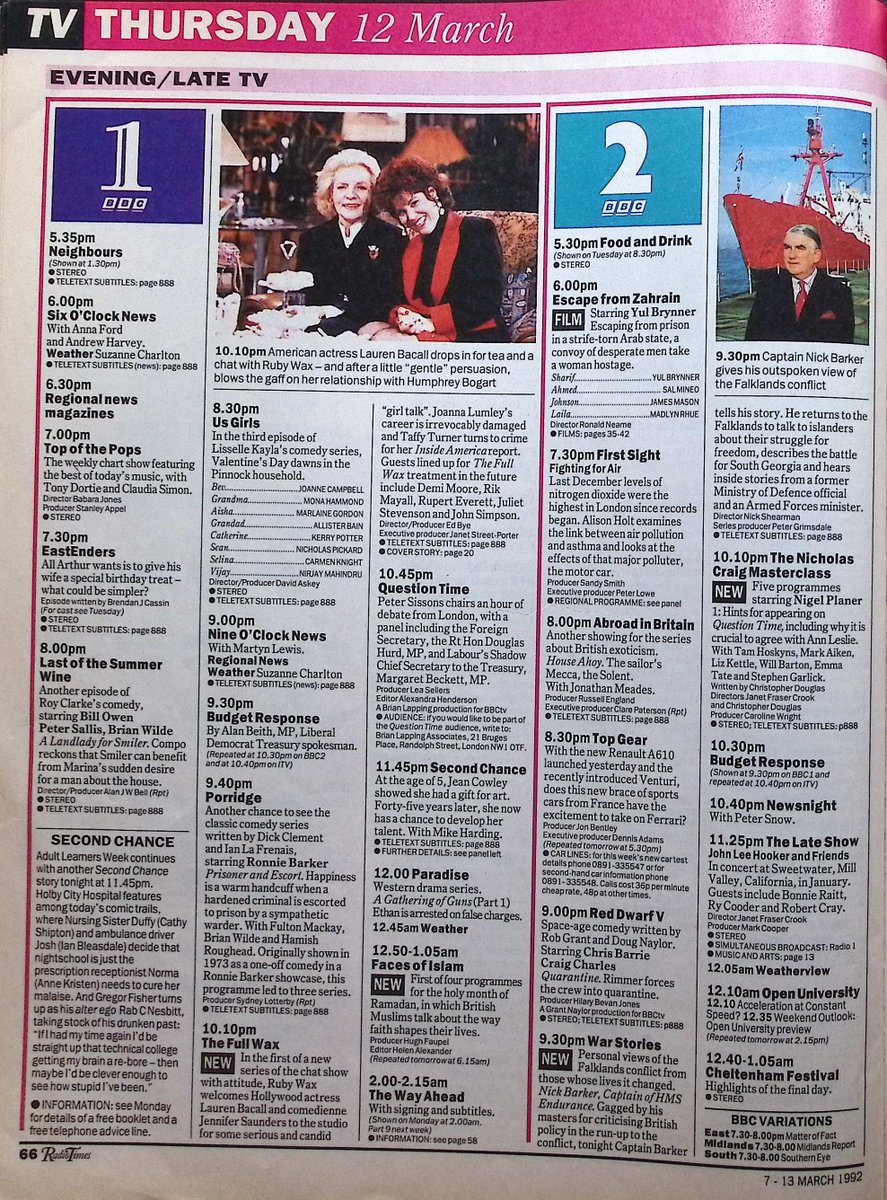 TvDidYouSee's tweet photo. #OnThisDay 12 March 1992 📺TV Listings
#RubyWax meets #LaurenBacall in THE FULL WAX.
THE CAMOMILE LAWN, with #FelicityKendall, continues.
#SandiToksvig stars in THE BIG ONE.
Turner astounds Seth in #Emmerdale.
Arthur wants to surprise Pauline in #EastEnders. https://t.co/NxzhgUJsoW