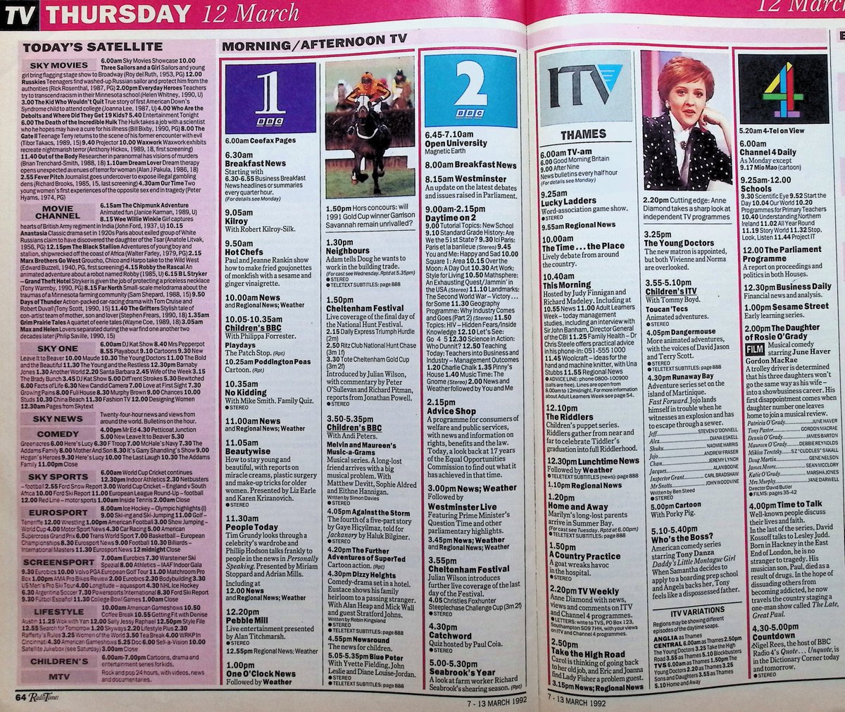 TvDidYouSee's tweet photo. #OnThisDay 12 March 1992 📺TV Listings
#RubyWax meets #LaurenBacall in THE FULL WAX.
THE CAMOMILE LAWN, with #FelicityKendall, continues.
#SandiToksvig stars in THE BIG ONE.
Turner astounds Seth in #Emmerdale.
Arthur wants to surprise Pauline in #EastEnders. https://t.co/NxzhgUJsoW