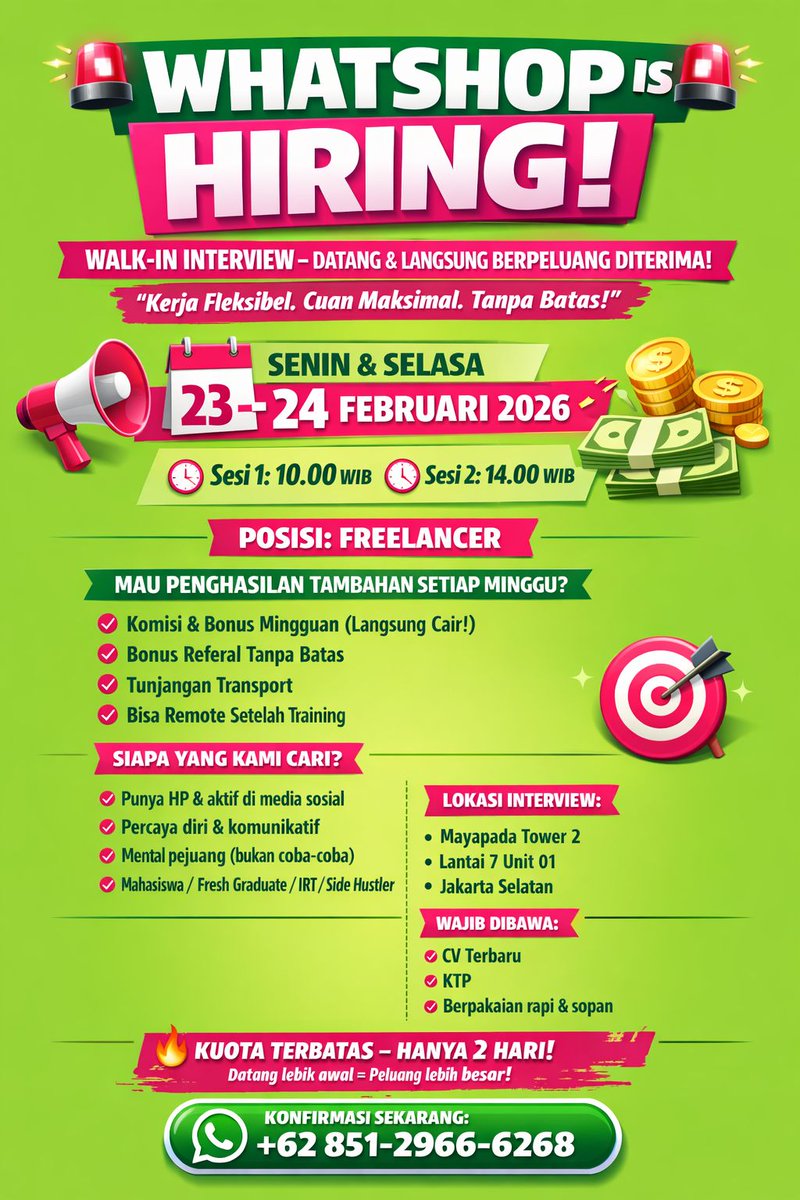 Whatshop lagi cari
👉 MITRA FREELANCE

Ini bukan kerja kantoran.
Ini buat kamu yang mau side hustle &amp; cuan 💸

Walk-In Interview
PT Gogobuy Ecommerce Indonesia
Mayapada Tower 2 Lt.7 Unit 01 – Jakarta Selatan

Konfirmasi kehadiran: wa.me/+6285129666268

#Freelance #LokerJakarta
