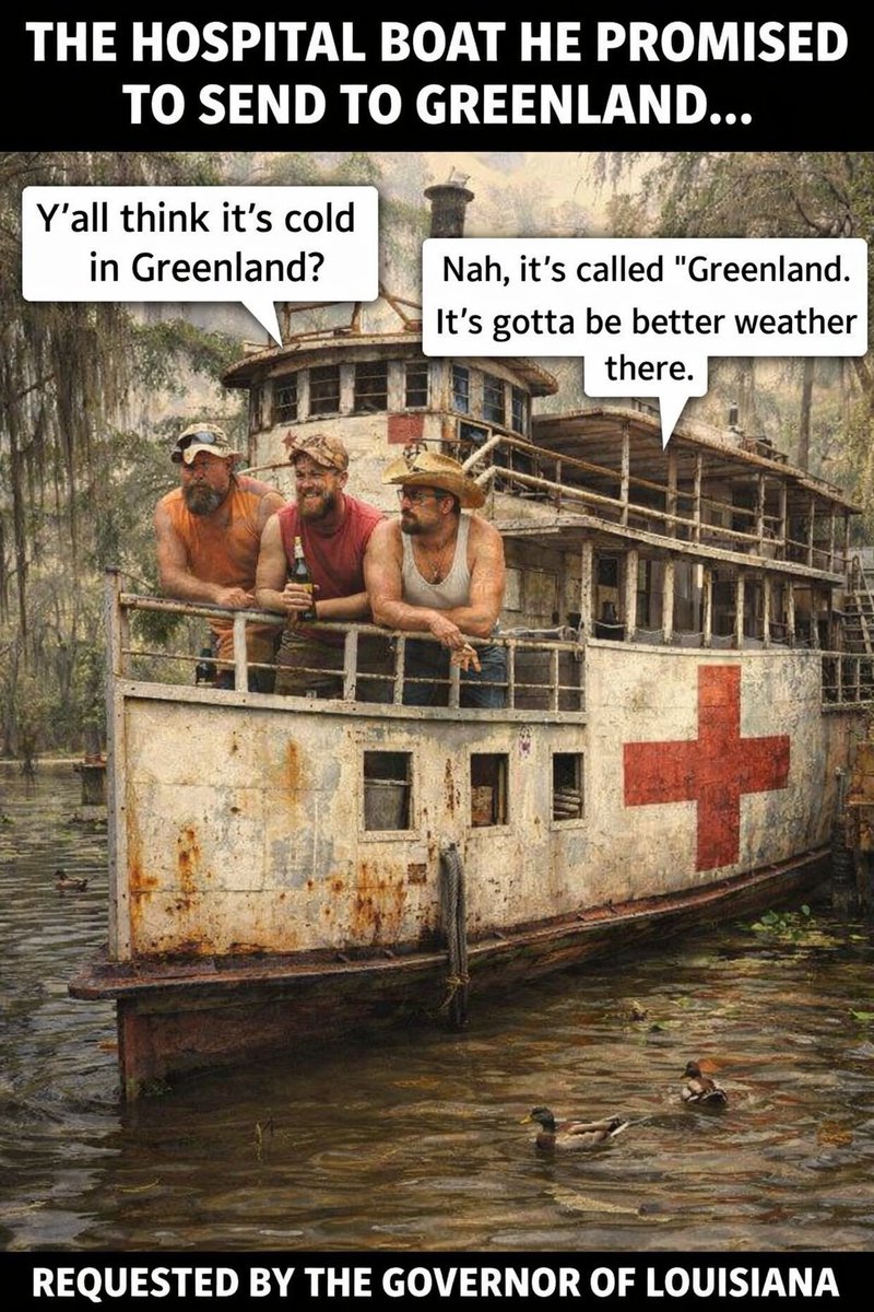 As USNS Mercy and USNS Comfort — the only two actual US Navy hospital ships — are both in dry dock right now, sending either of them is… let’s say, wildly optimistic.

But don’t worry.

At the request of the Governor of Louisiana, a “hospital boat” is apparently on the way.
