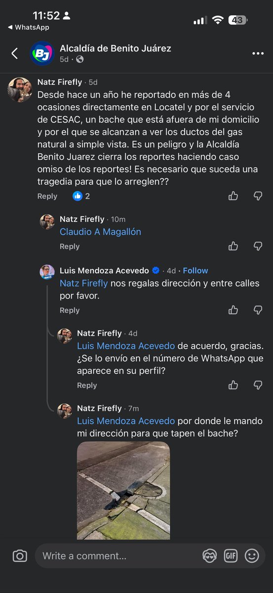 natz_firefly's tweet photo. @supercivicosmx @BJAlcaldia @LuisMendozaBJ @supercivicosmx por favor, ayúdenme. 
Llevo años reportando un bache afuera de mi domicilio desde hace más de un año por Locatel y con CESAC pero la @BJAlcaldia cierra mis folios sin haber atendido. A los vecinos nos preocupa que el bache tiene visibles los ductos del gas natural https://t.co/KDiC0WFUkG