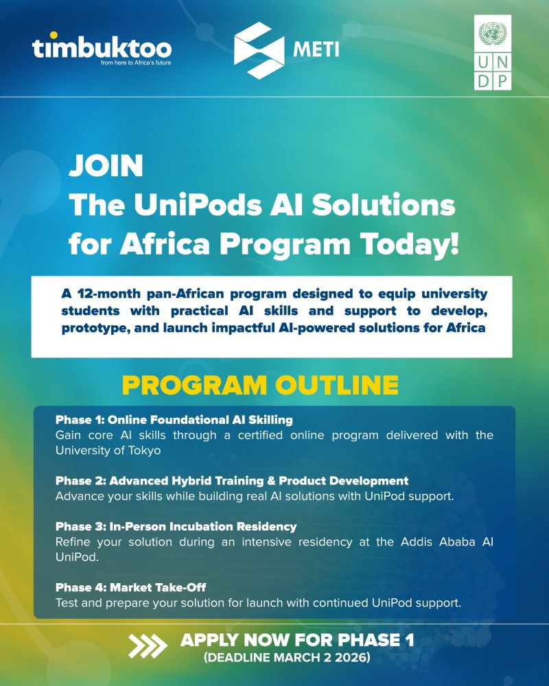opportunitiesfy's tweet image. 🌍🤖 Applications are open for the UniPods AI Solutions for Africa Program 2026 — a 12-month journey helping African university students gain AI skills and launch real solutions for Africa 🚀 Apply: wp.me/p23f03-jsc 

#AIForAfrica #TechInAfrica #AfricanInnovation