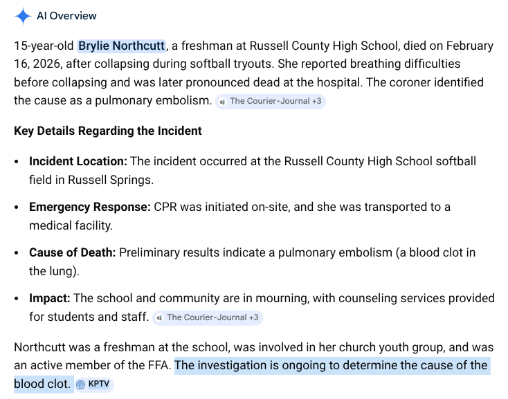 NWO4LYFE666CCP's tweet image. @RepThomasMassie Well, I think it's well beyond time that we start asking the ? - How many #DARPA #LiveExercise #COVID19 #mRNA #NOTaVAX #BioCyberInterface injections did the poor girl have? 
@DiedSuddenly_ 
#BrylieNorthcutt #DiedSuddenly #Kentucky