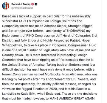 McPhersonHall's tweet photo. ICYMI

#Trump today rescinded his October endorsement of  GOP @RepJeffHurd  #CO03 after voting to repeal #TrumpTariffs against Canada ... 

Now you know why @RepFinstad wouldn't stand up for #MNCD1 families 
@BradFinstad has #FearOfTrump 

#FinstadWatch 

#TimefForChange in #MN01 https://t.co/HbnAvMK132
