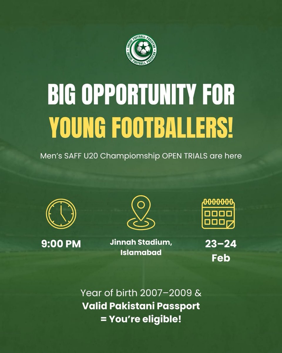 Good opportunity for young footballers 
SAFF U20 trails are open now 
<a href="/TheRealPFF/">Pakistan Football Federation</a> <a href="/pak_futball/">Daily Pakistan Football</a> <a href="/FootbalCentel/">Football Centel</a>