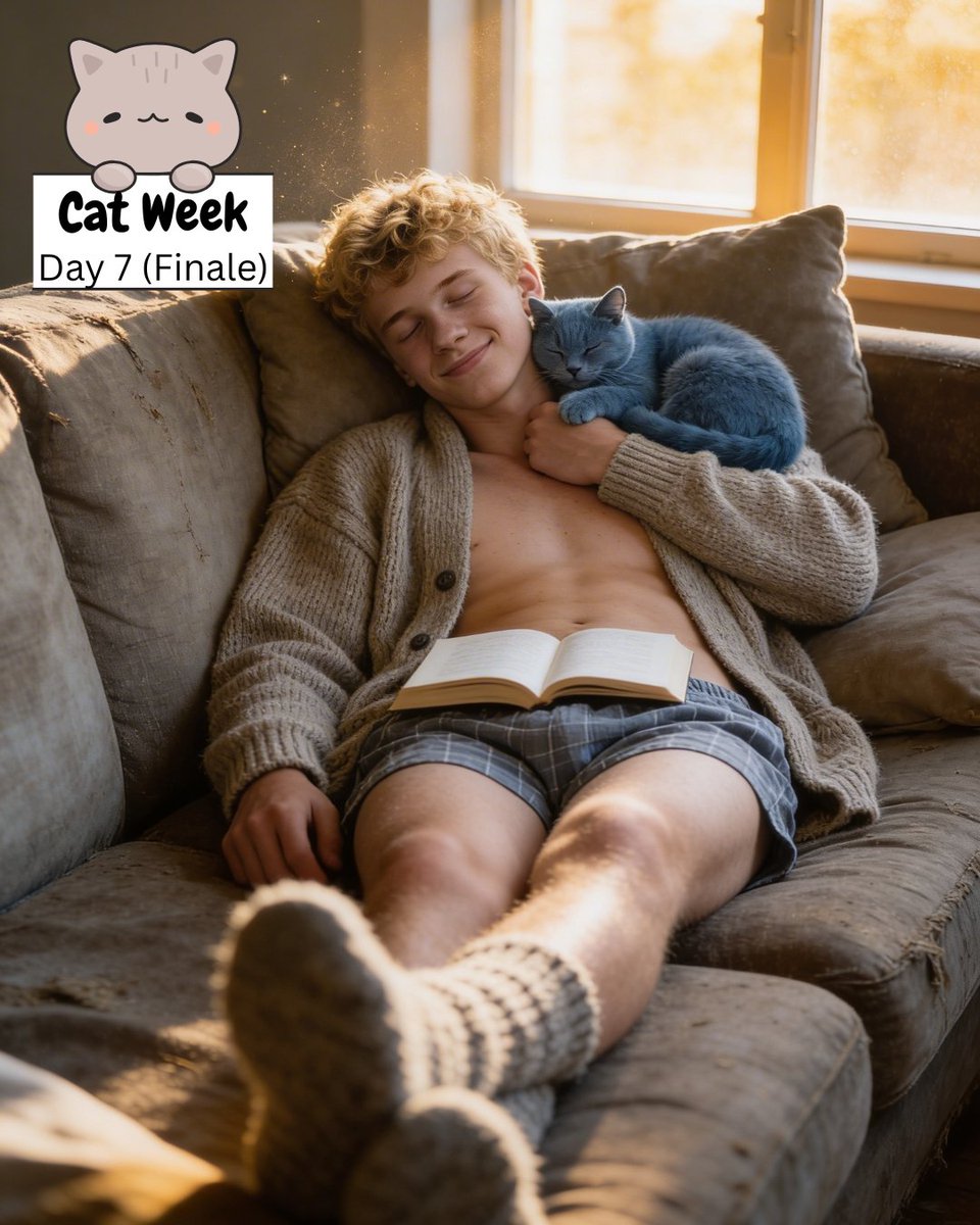 FinnArlow's tweet photo. Cat Week Day 7 - Sunday Snooze 😴😺

#catweek #sundayvibes #sonntagsmodus #snooze #mittagsschlaf #cuddletime #cat #britishshorthair #bkh #cozysunday #cutenessoverload #AIArtist #AIModel #VirtualInfluencer #AIBoy #aiart #gay #gaycute #cute #cuteboy #boy #twink #gayai #gayart #ai https://t.co/hJhQWUaxhv